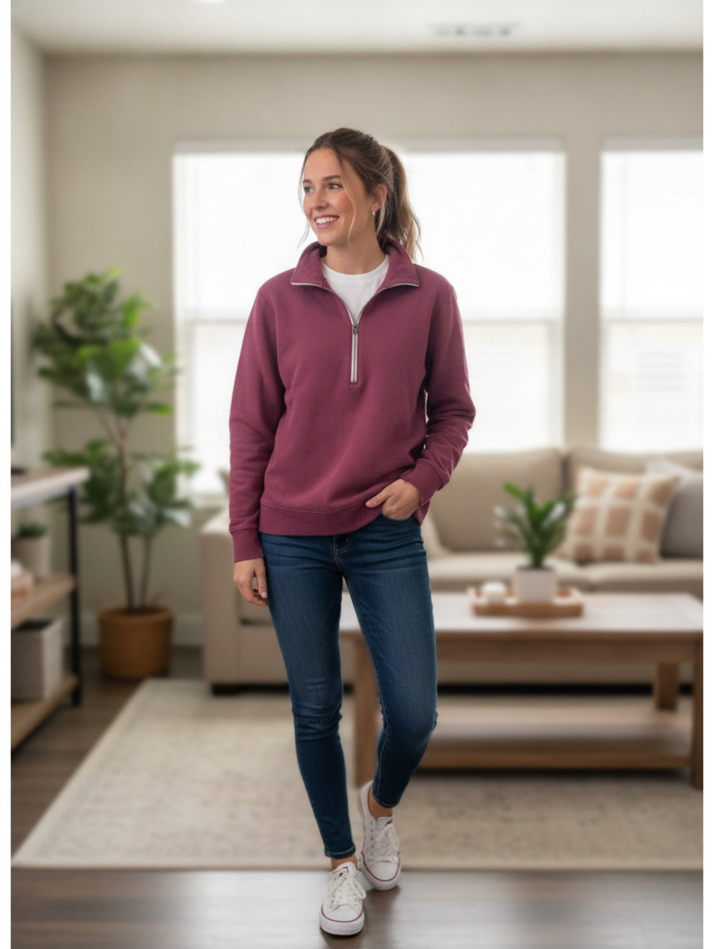 Eddie Bauer Women’s Burgundy Quarter Zip Pullover Sweatshirt Size Tag Removed